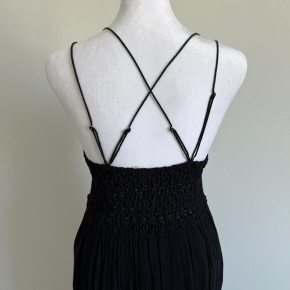 FP One womens Adella Maxi Dress Crochet Smocked spaghetti Strap Black Goth Sz M - Picture 8 of 14